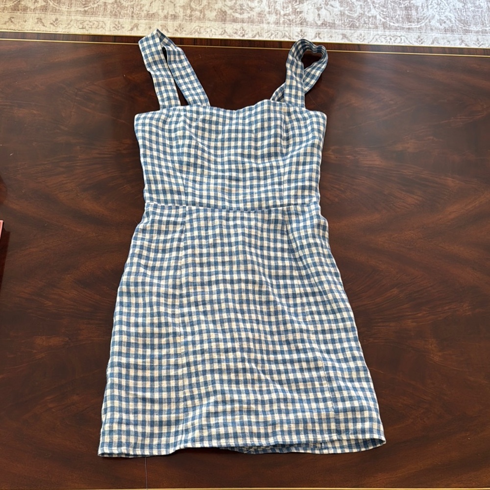 Reformation Blue and White Checkered Midi Dress - Brigitte Linen Dress